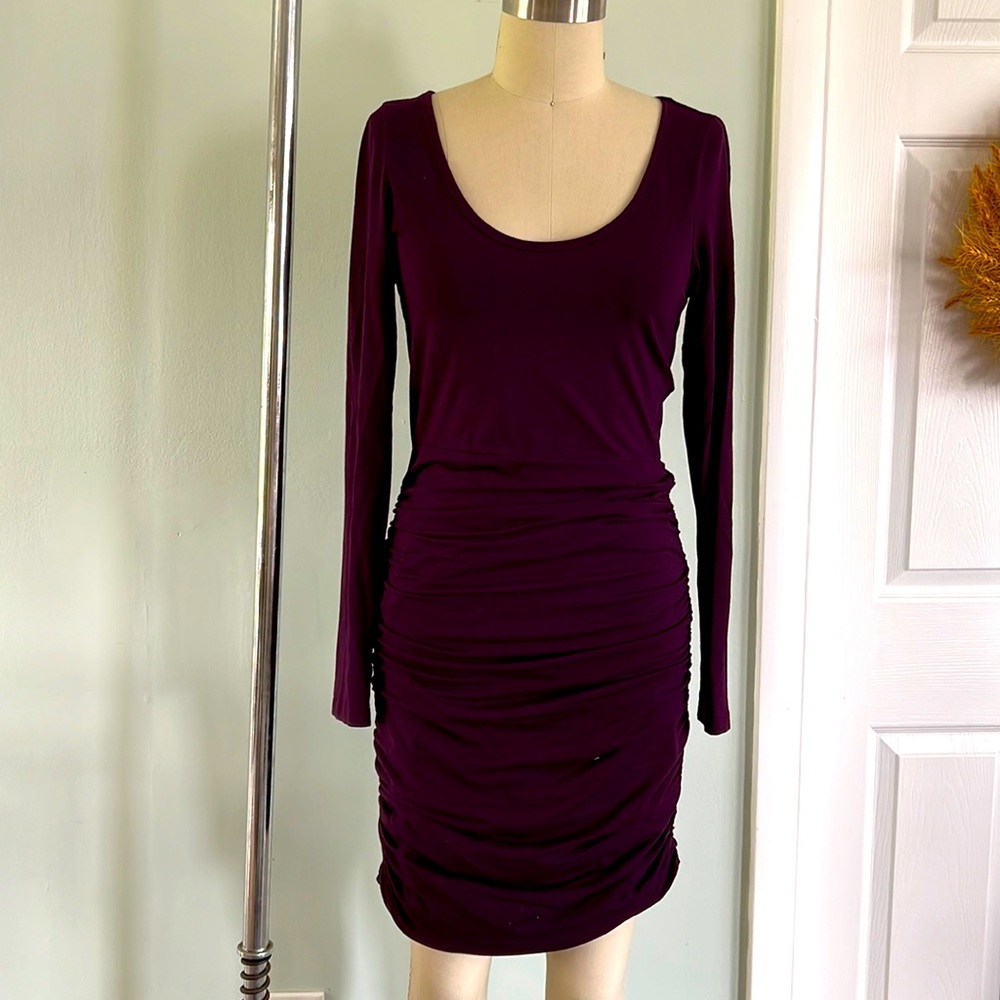 Express Midi Length Deep Purple Dress with Side Ruching and Scoop Neckline